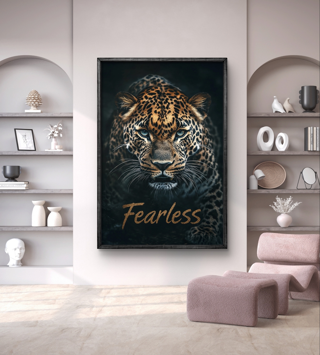 תמונת קנבס של נמר עם מבט עוצמתי וכיתוב Fearless מתוך קולקציית תכשיט לבית