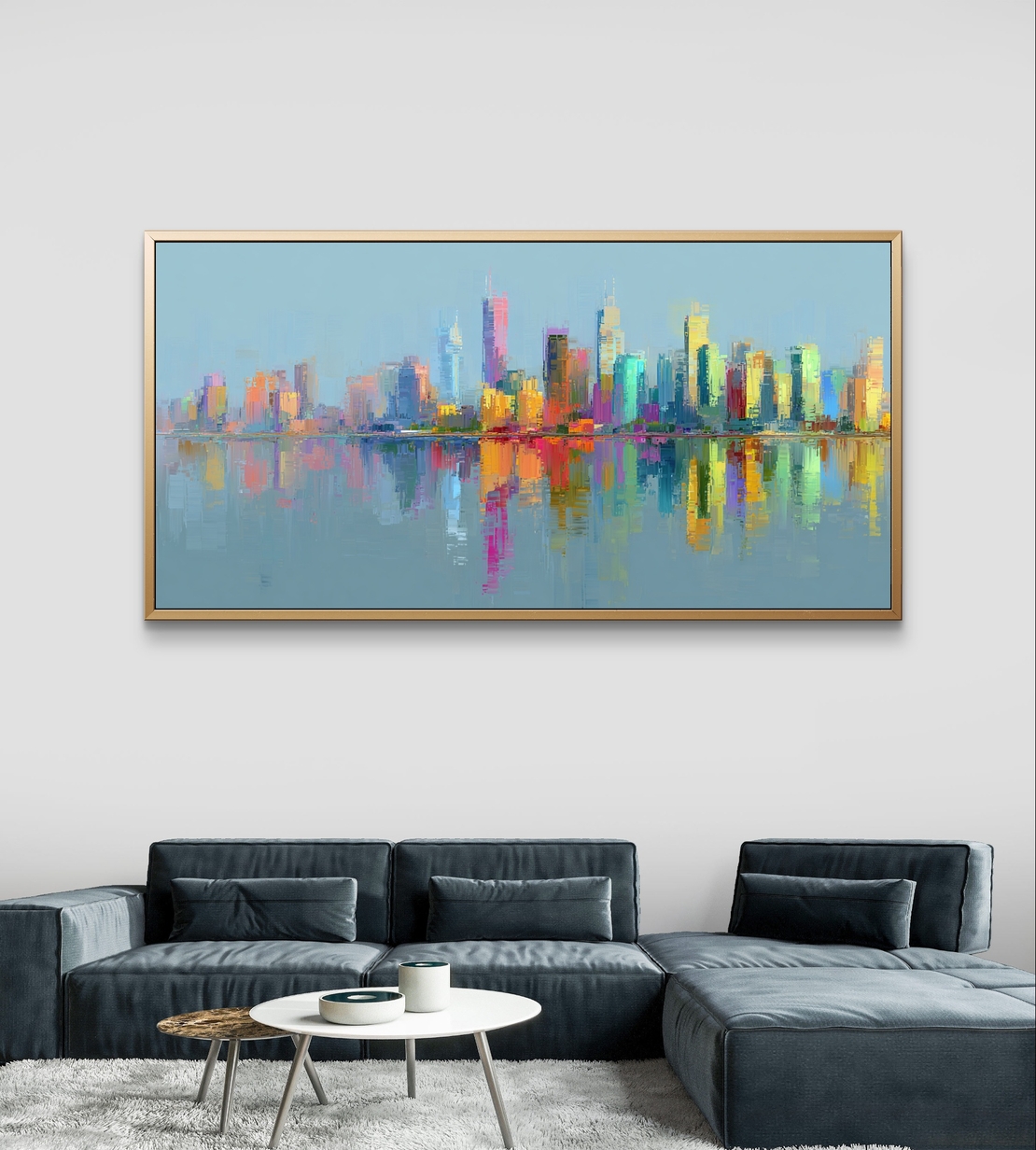 קנבס עירוני מודרני בגוונים תוססים על רקע תכלת