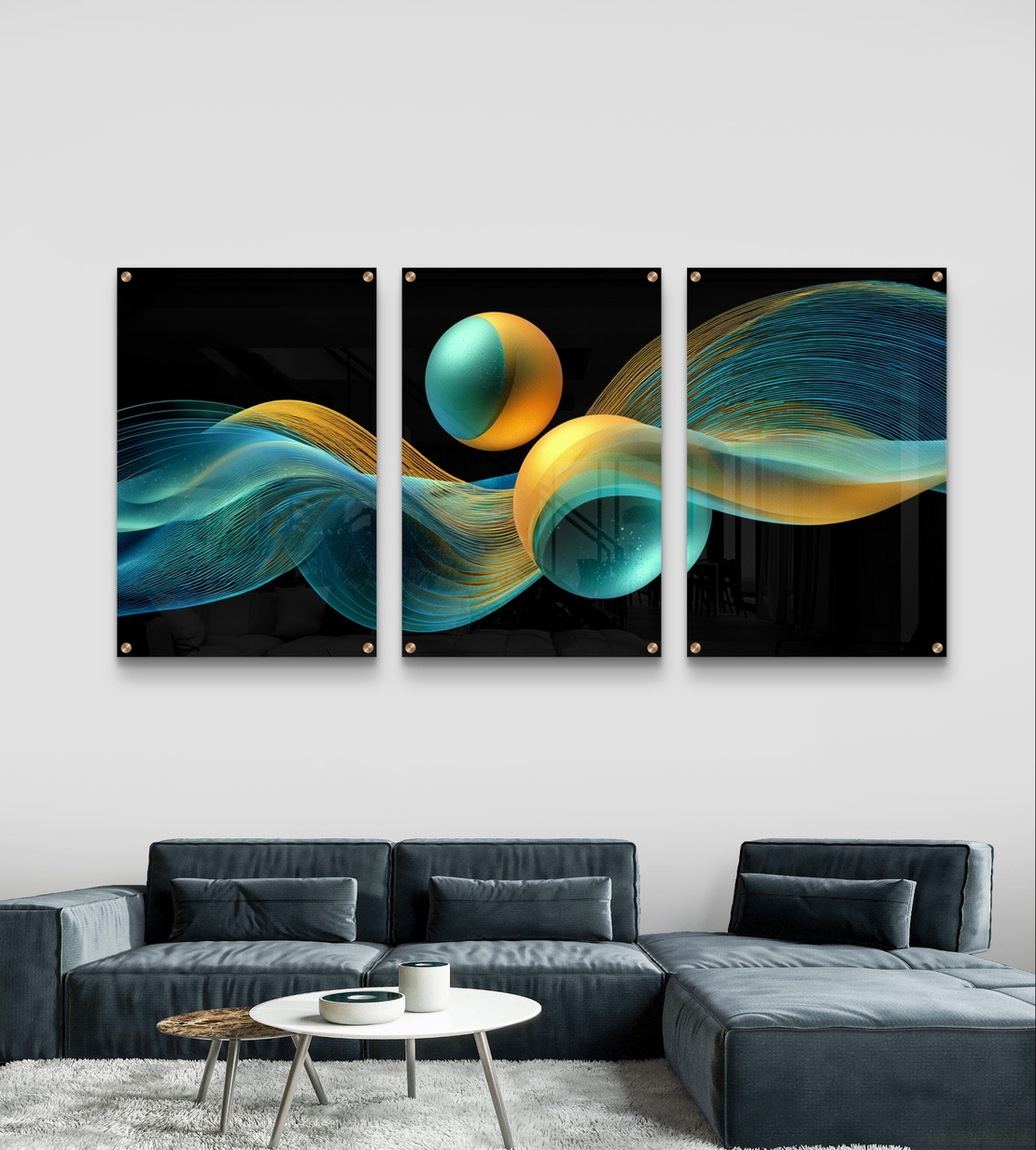 שלישיית תמונות זכוכית אבסטרקטיות עם גלים וכדורים בגווני טורקיז וזהב על רקע שחור