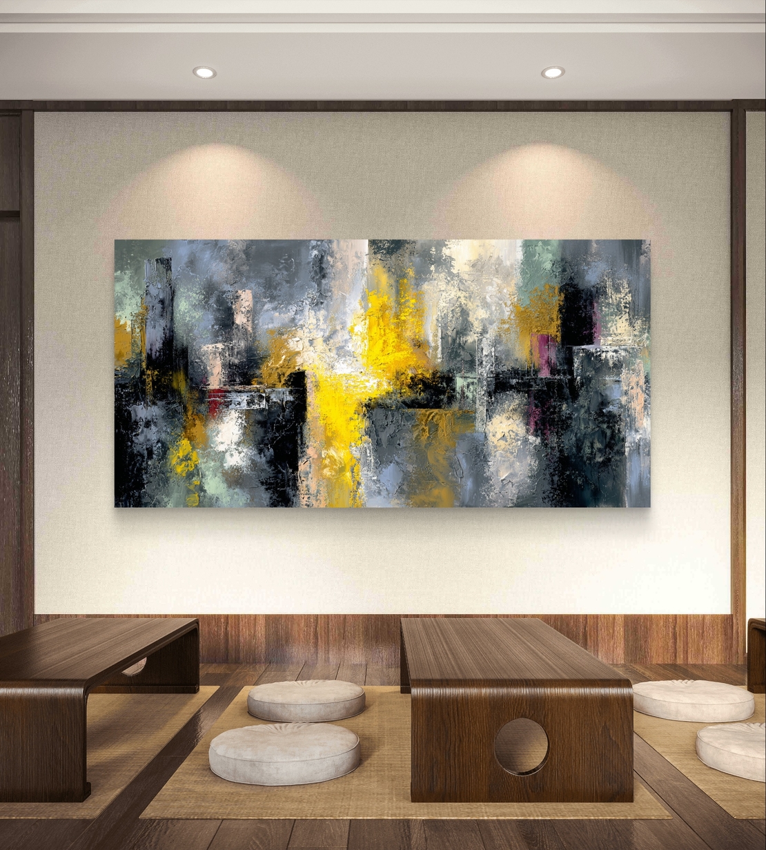תמונת קנבס אבסטרקט עירוני – כתמי זהב וצהוב על רקע אפור ושחור | CJ6533