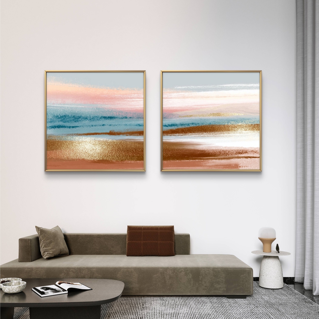 זוג תמונות קנבס מרובעות בגווני פסטל עדינים המדמים שקיעה רגועה – תכשיט לבית