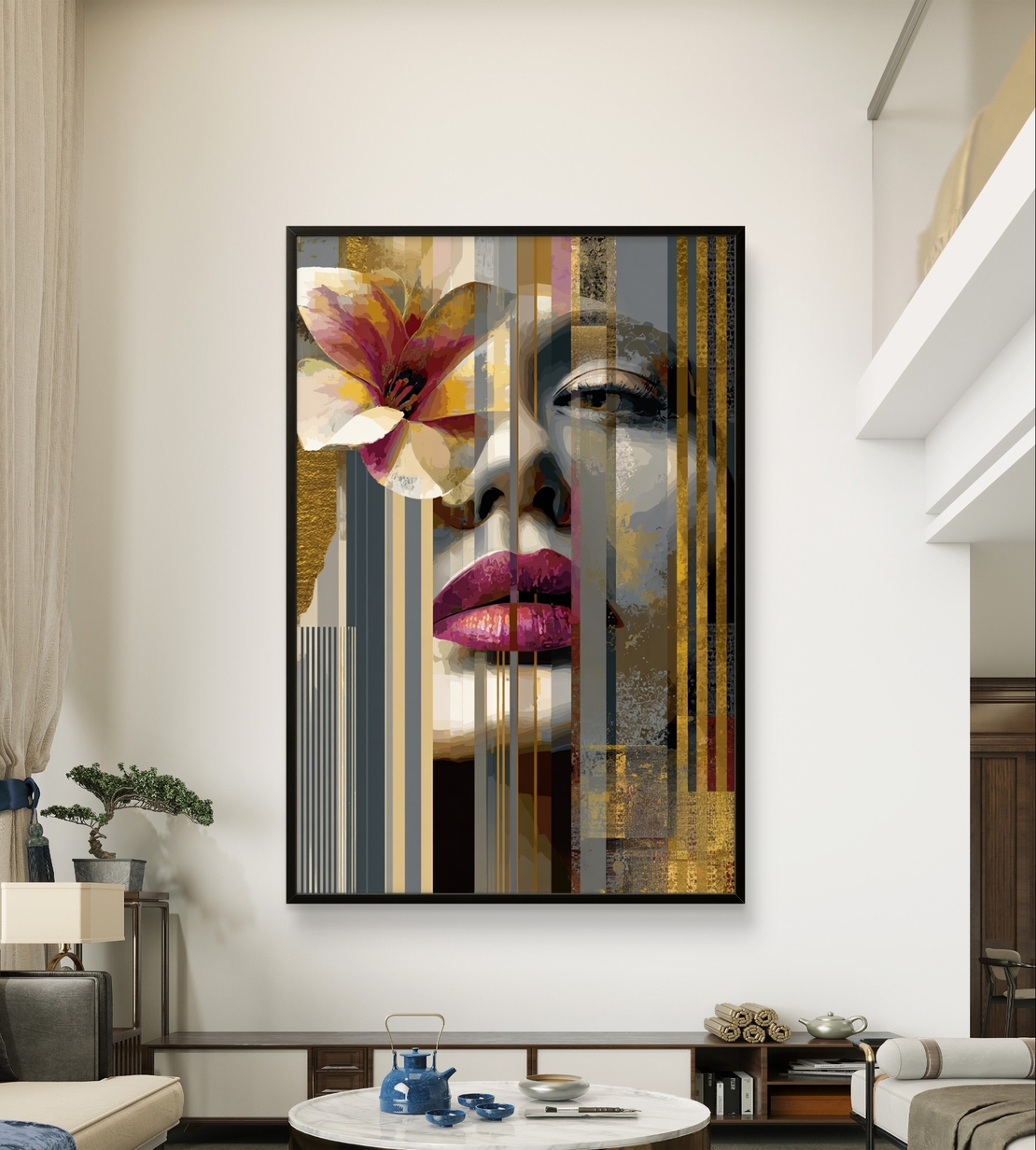 דיוקן נשי עם פרח וצבעי זהב – תמונת קנבס מודרנית יוקרתית | DX5114
