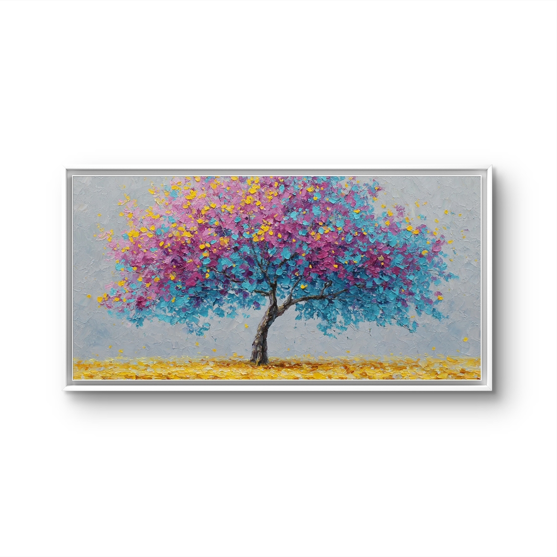 תמונת קנבס לרוחב של עץ פורח בצבעי ורוד ותכלת בסגנון אומנותי לעיצוב הבית