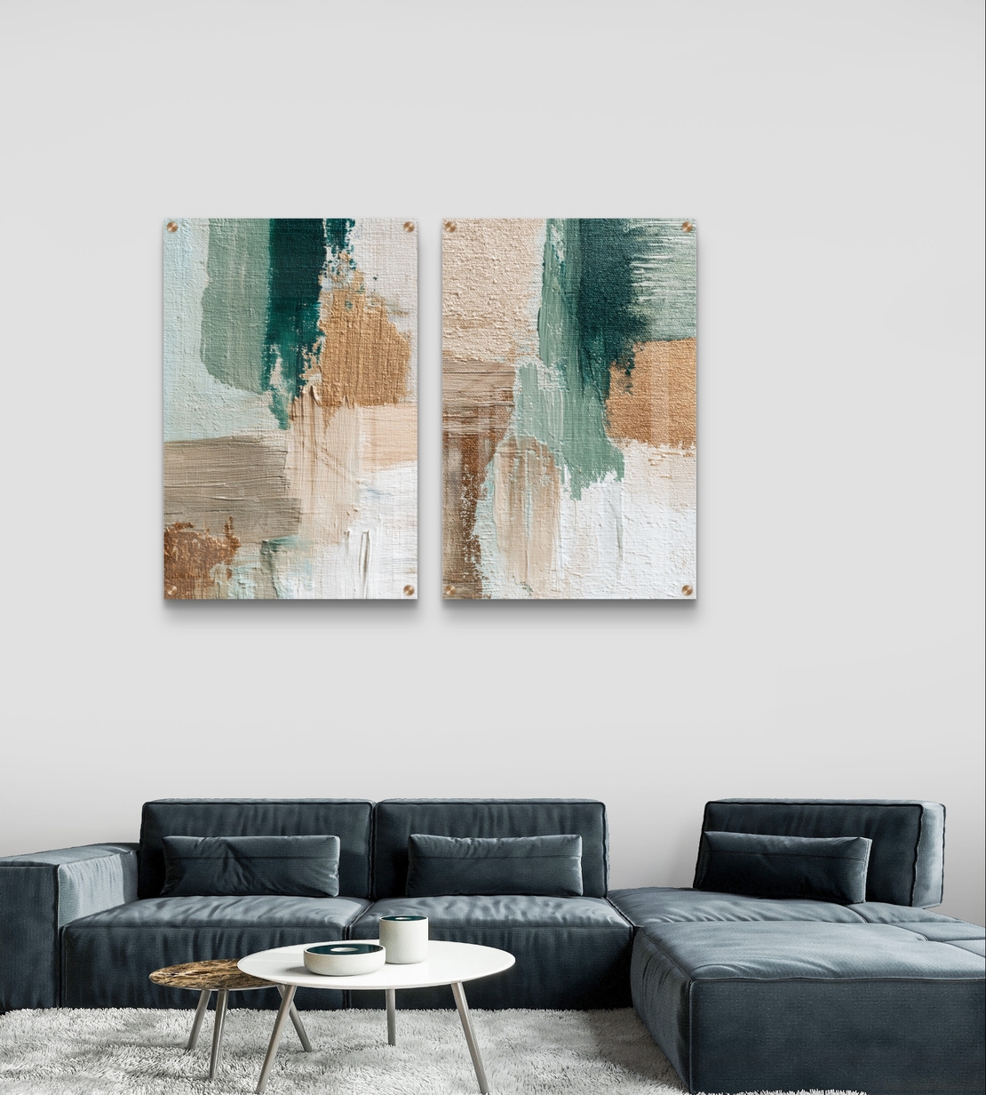 סט תמונות זכוכית זוגי אבסטרקטי בגווני בז’ וירקרק בעיצוב מודרני ורגוע