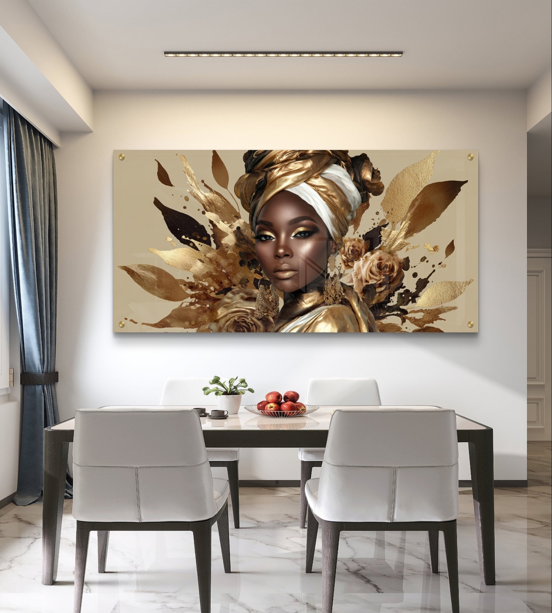 תמונת זכוכית לרוחב עם דיוקן נשי בגווני זהב ועיצוב יוקרתי