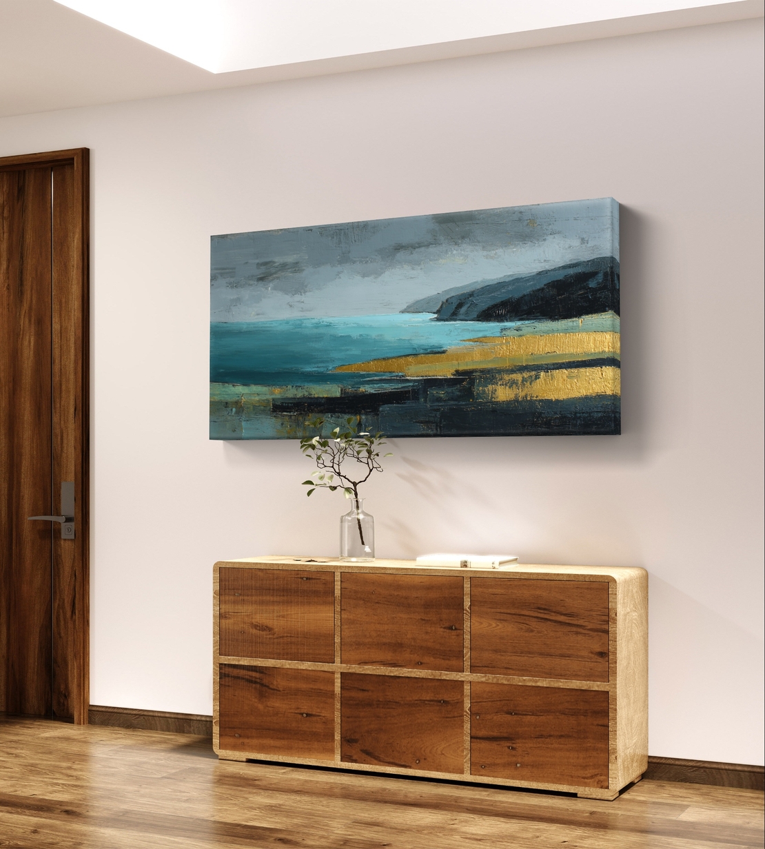 תמונת קנבס נוף ים אבסטרקטי בכחול וזהב – קנבס לסלון לרוחב--דגם CC4561