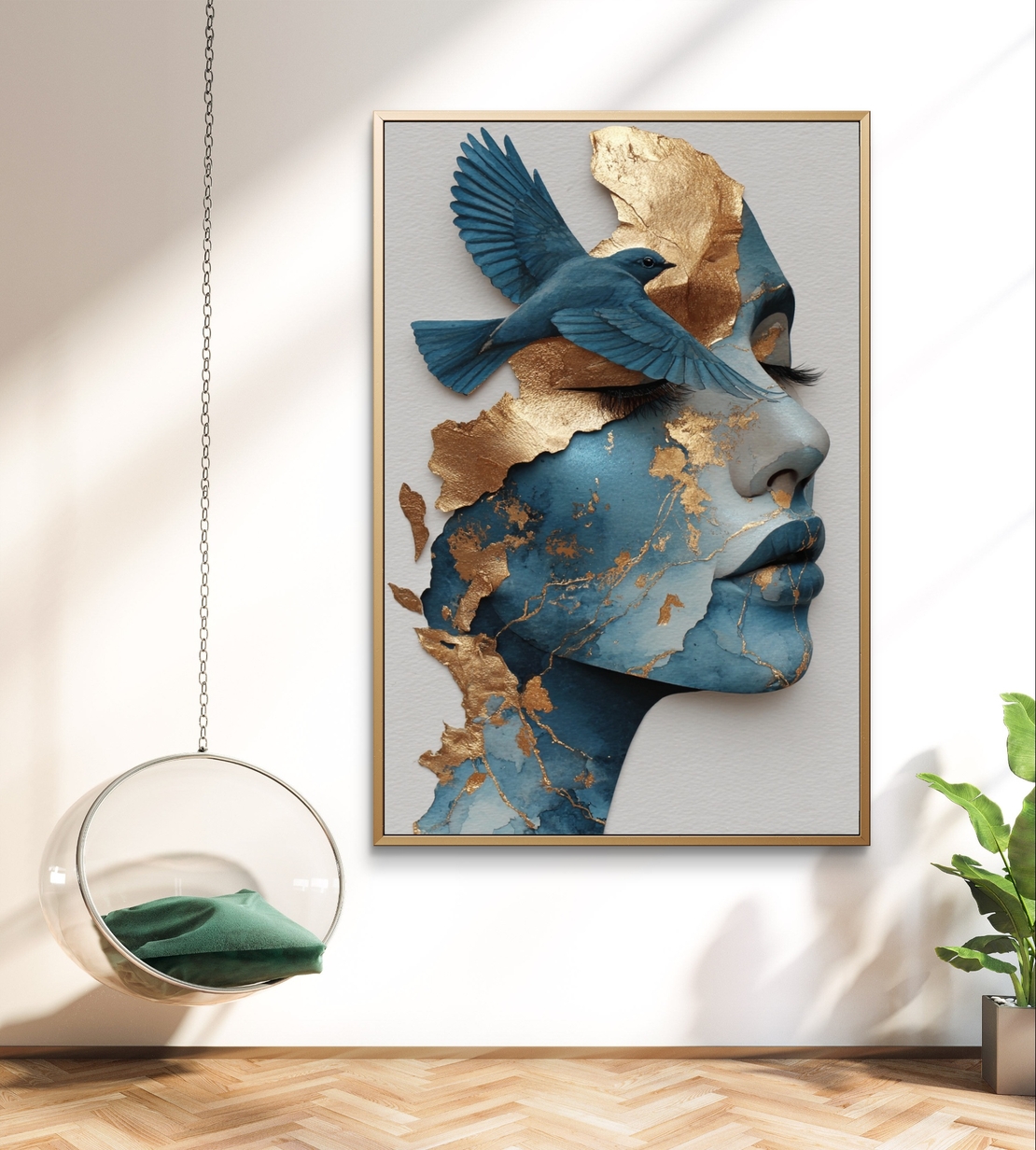 תמונת קנבס של דיוקן נשי בגווני כחול וזהב עם ציפור כחולה בהדפסה חלקה – תכשיט לבית
