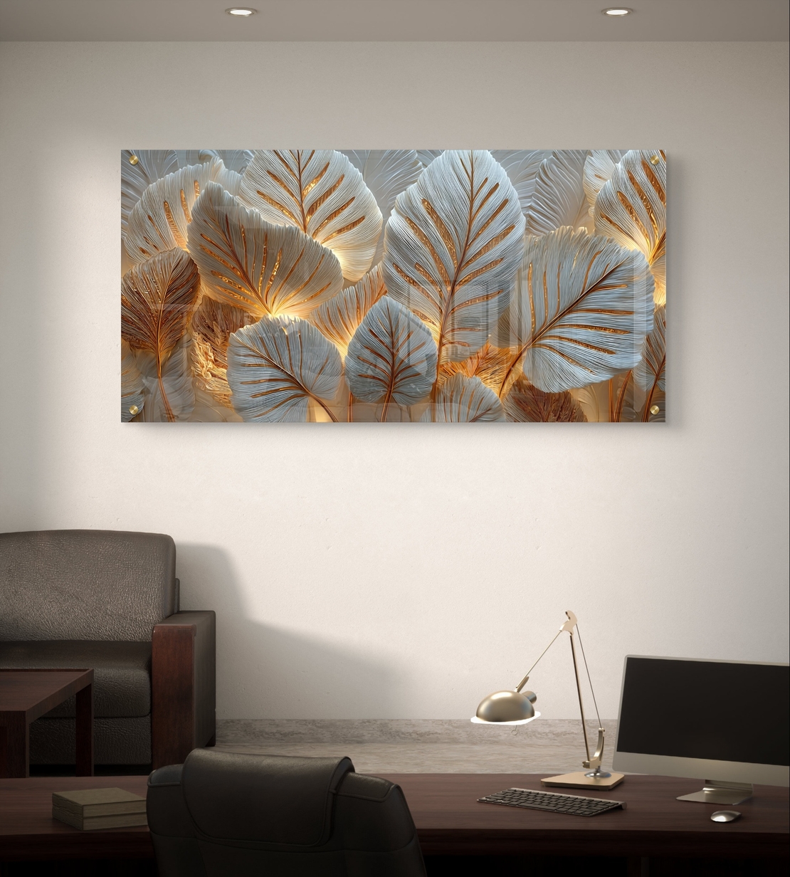 עלי זהב ולבן על זכוכית – תמונת זכוכית יוקרתית למשרד ולסלון | GX4175