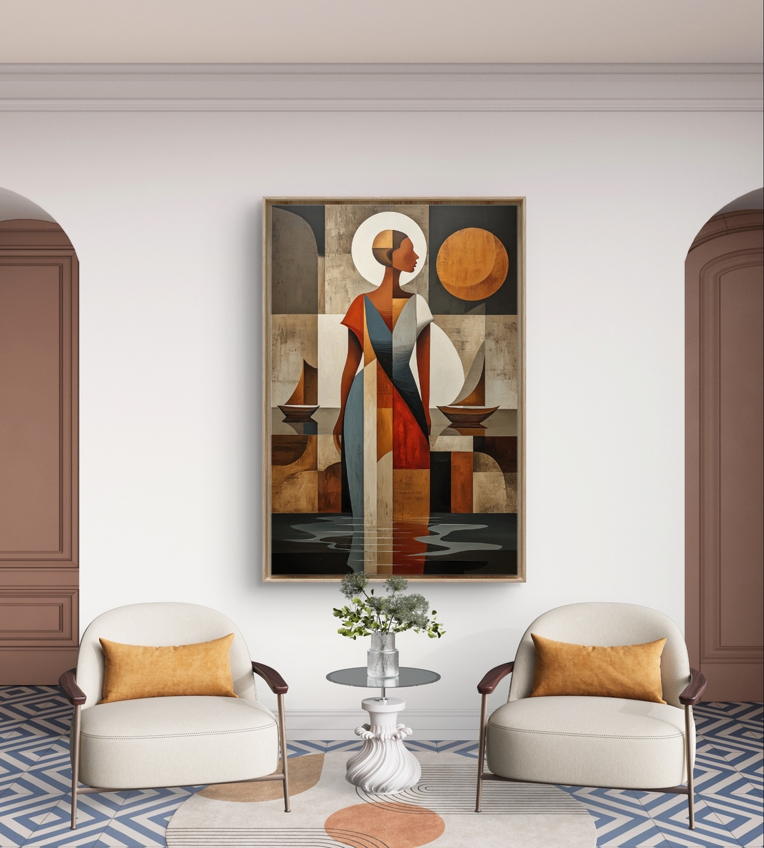 תמונת קנבס עם דמות נשית מופשטת בסגנון גאומטרי בגווני אדמה וכחול בעיצוב אלגנטי ומודרני