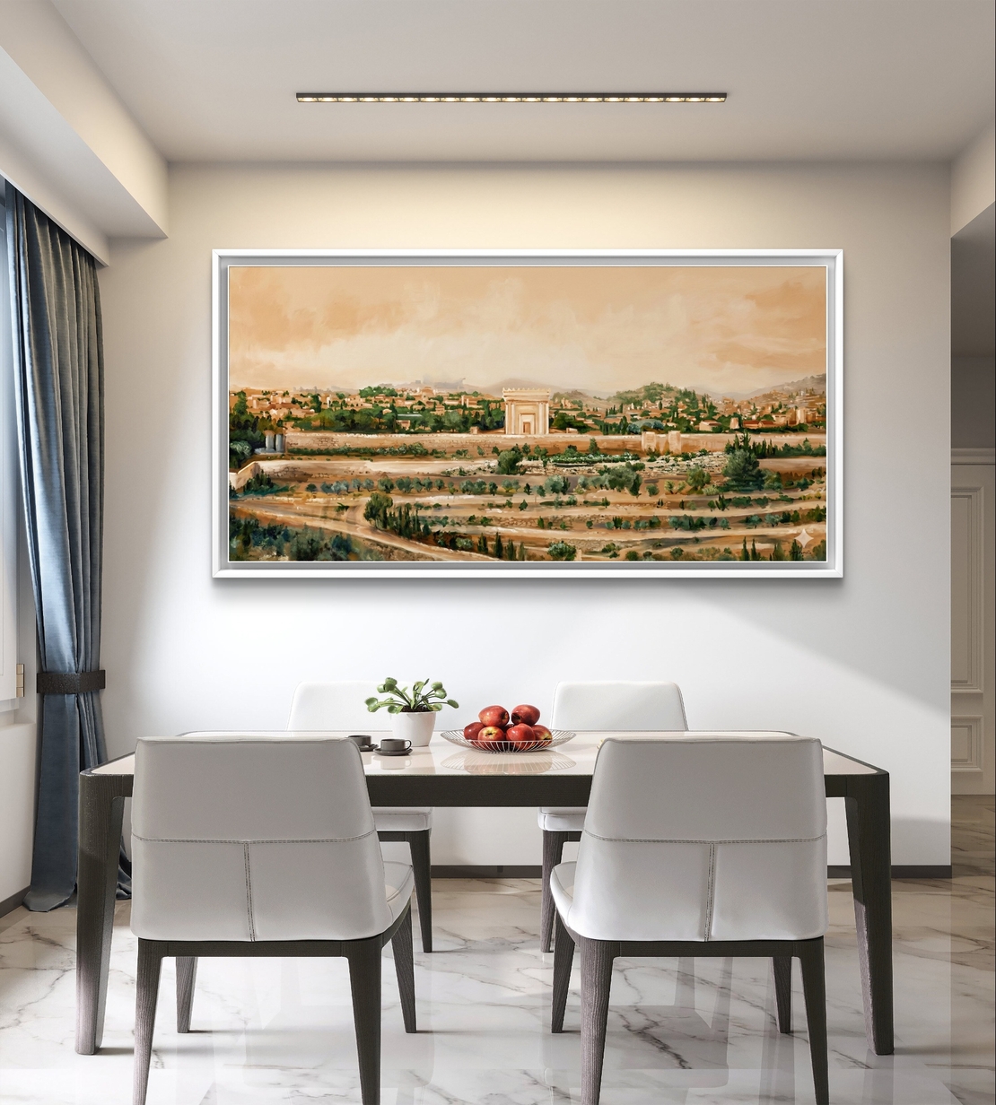 תמונת קנבס לרוחב עם נוף ירושלים ושער סמלי בגווני זהב וטבע, הדפסה חלקה מבית תכשיט לבית