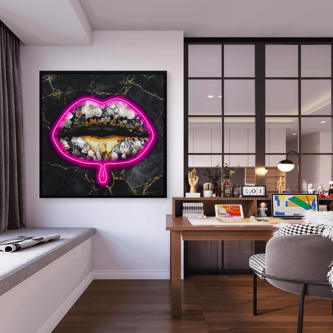 תמונת LED שפתיים פרחוניות על רקע שחור וזהב – הדפס משודרג עם מריחות צבע, מופעלת על סוללות עם שלט רחוק