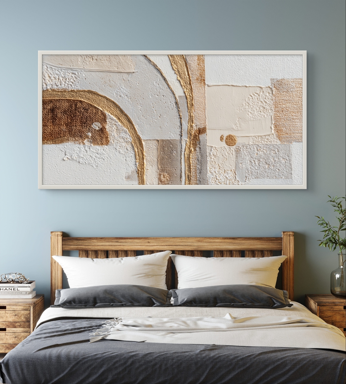 קנבס אבסטרקט מודרני עם קשתות זהב וטקסטורות בהירות