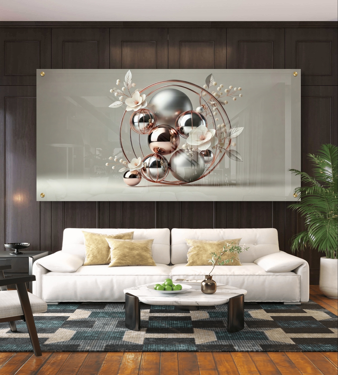 הילה מטאלית – תמונת זכוכית יוקרתית עם כדורים כסופים, טבעות רוז גולד ופרחים עדינים | PN2003