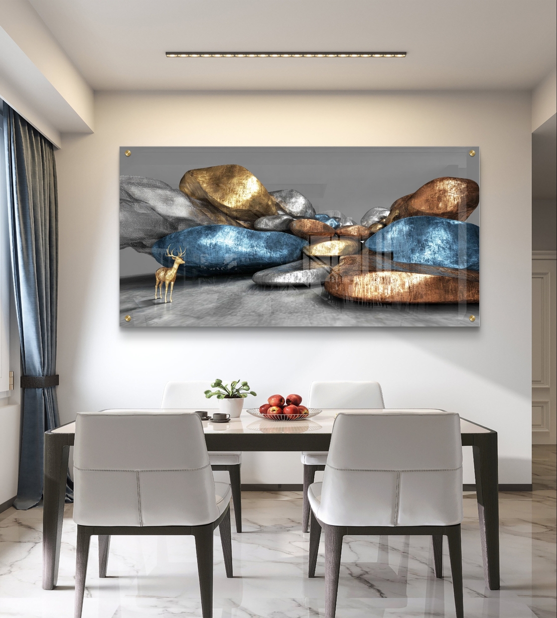 תמונת זכוכית לרוחב עם אבנים בגווני זהב וכחול ודמות אייל בעיצוב אבסטרקטי יוקרתי