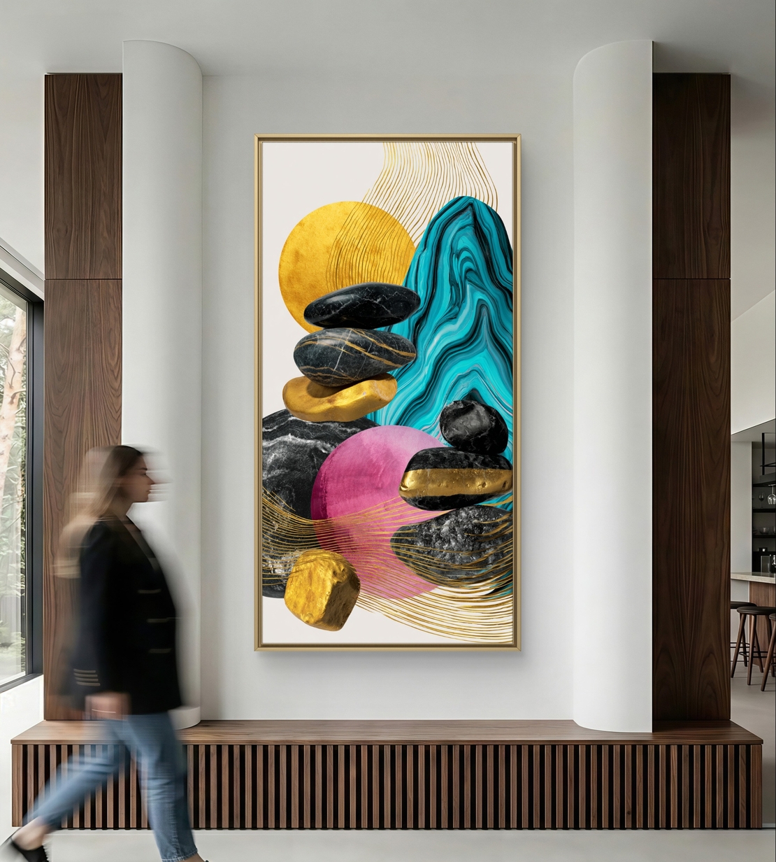 תמונת אמנות עכשווית עם אבנים מאוזנות ורקע טורקיז דרמטי.