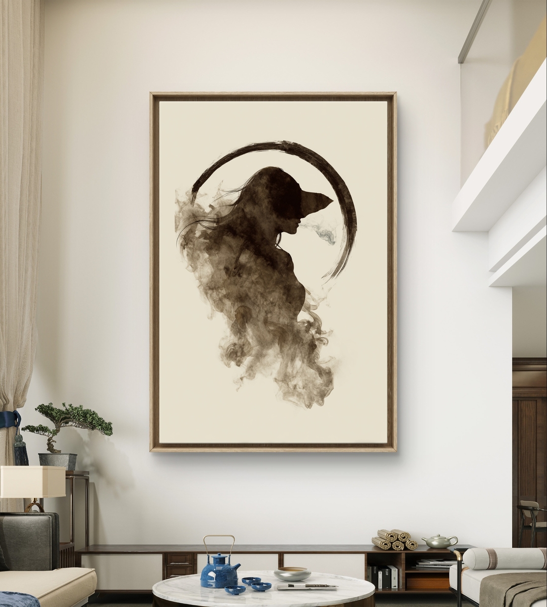 תמונת קנבס עם דמות נשית מופשטת בעשן רך ובסגנון מינימליסטי בגוונים טבעיים