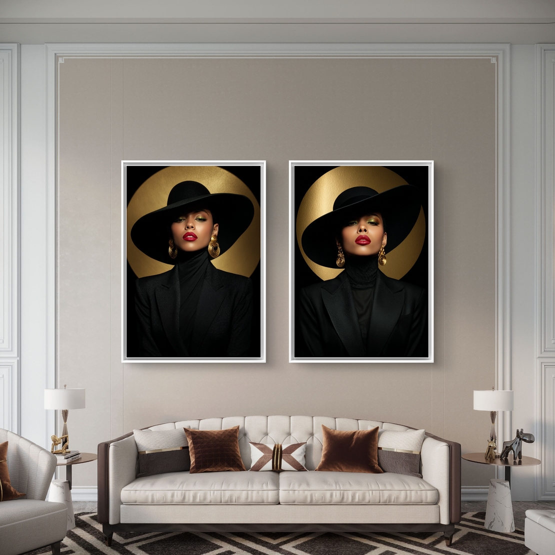 תמונת קנבס זוגית עם דמות נשית יוקרתית בכובע שחור ונגיעות זהב בעיצוב אופנתי מודרני