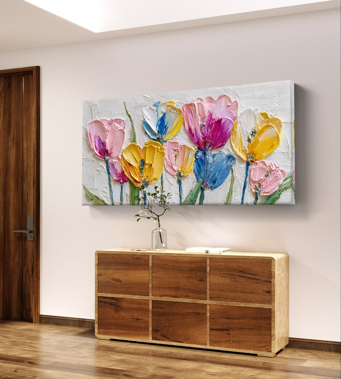 תמונת קנבס לרוחב עם פרחים צבעוניים בסגנון ציור אמנותי ועדין לעיצוב הבית