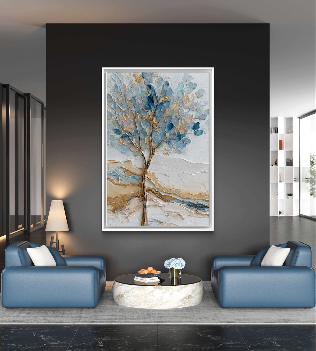 ציור עץ עדין בגווני תכלת וזהב על קנבס