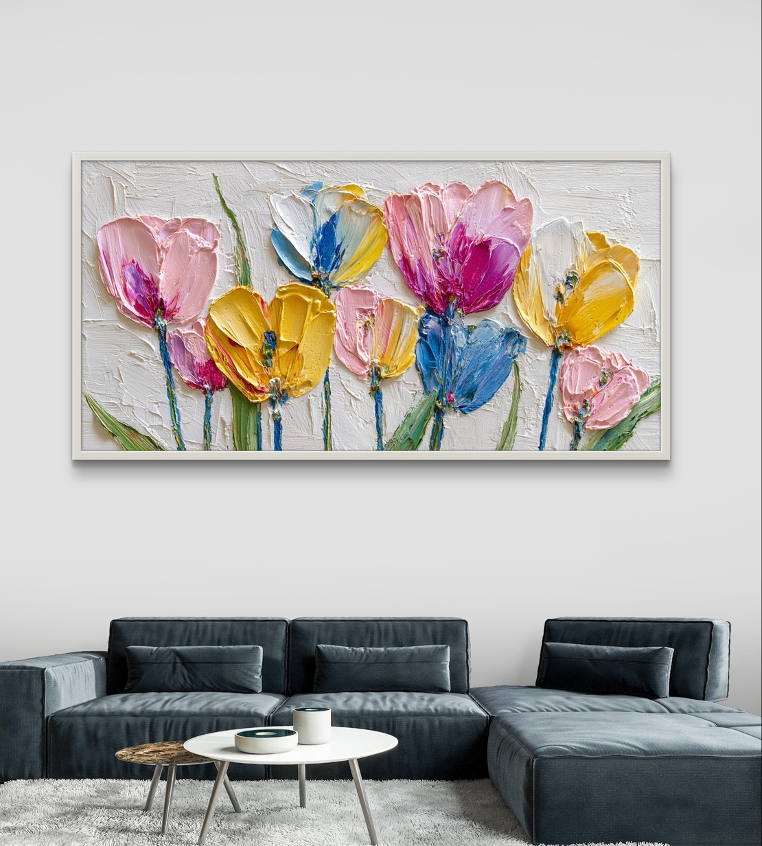 תמונת קנבס לרוחב עם פרחים צבעוניים בסגנון ציור אמנותי ועדין לעיצוב הבית