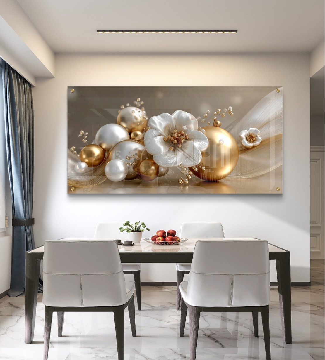 פרחי פנינה וזהב על זכוכית – תמונת זכוכית אלגנטית בגווני שמנת וזהב | GX4173