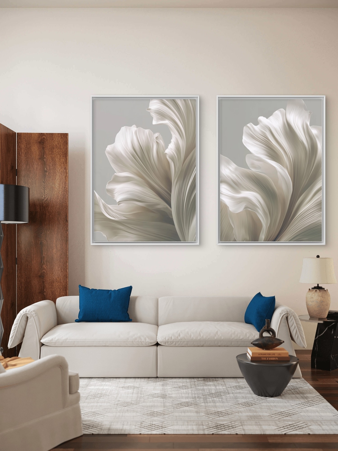 זוג תמונות קנבס בגווני שנהב רכים עם תנועה אלגנטית וזורמת מתוך קולקציית NEXTGEN BY BAR של תכשיט לבית.