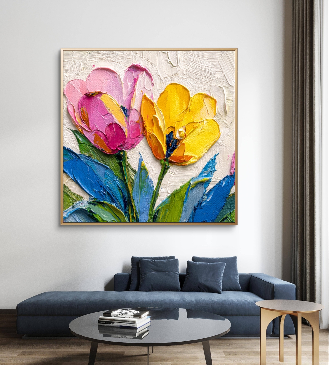 תמונת קנבס מרובעת עם פרחים ורודים וצהובים בסגנון אימפסטו על רקע בהיר