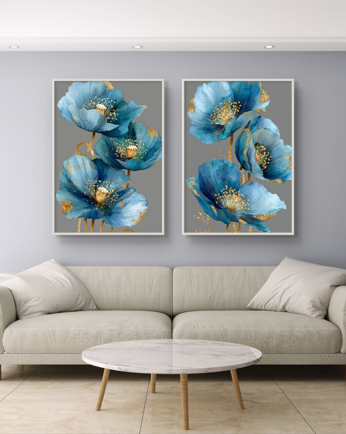 זוג תמונות קנבס פרחים כחולים עם נגיעות זהב – דגם TL8551