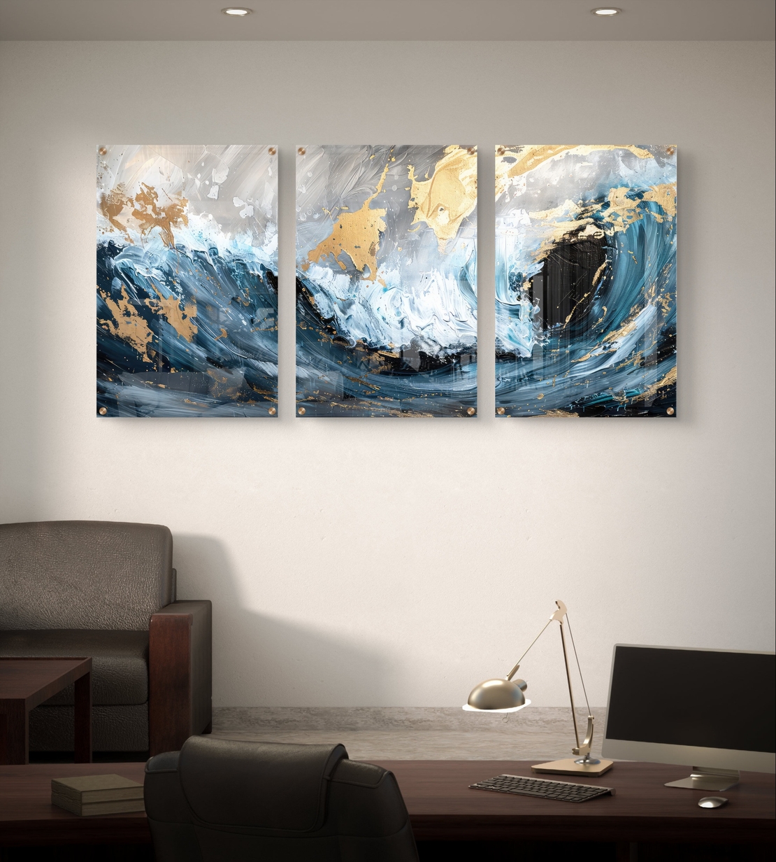 שלשת תמונות זכוכית גלים אבסטרקטיים בכחול, לבן וזהב – דגם GG5472