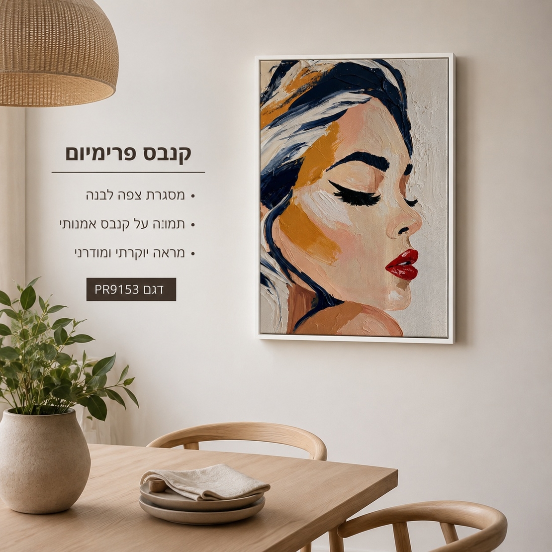 קנבס פרימיום Art Touch – פורטרט נשי רומנטי שיער כחול-זהב ושפתיים אדומות