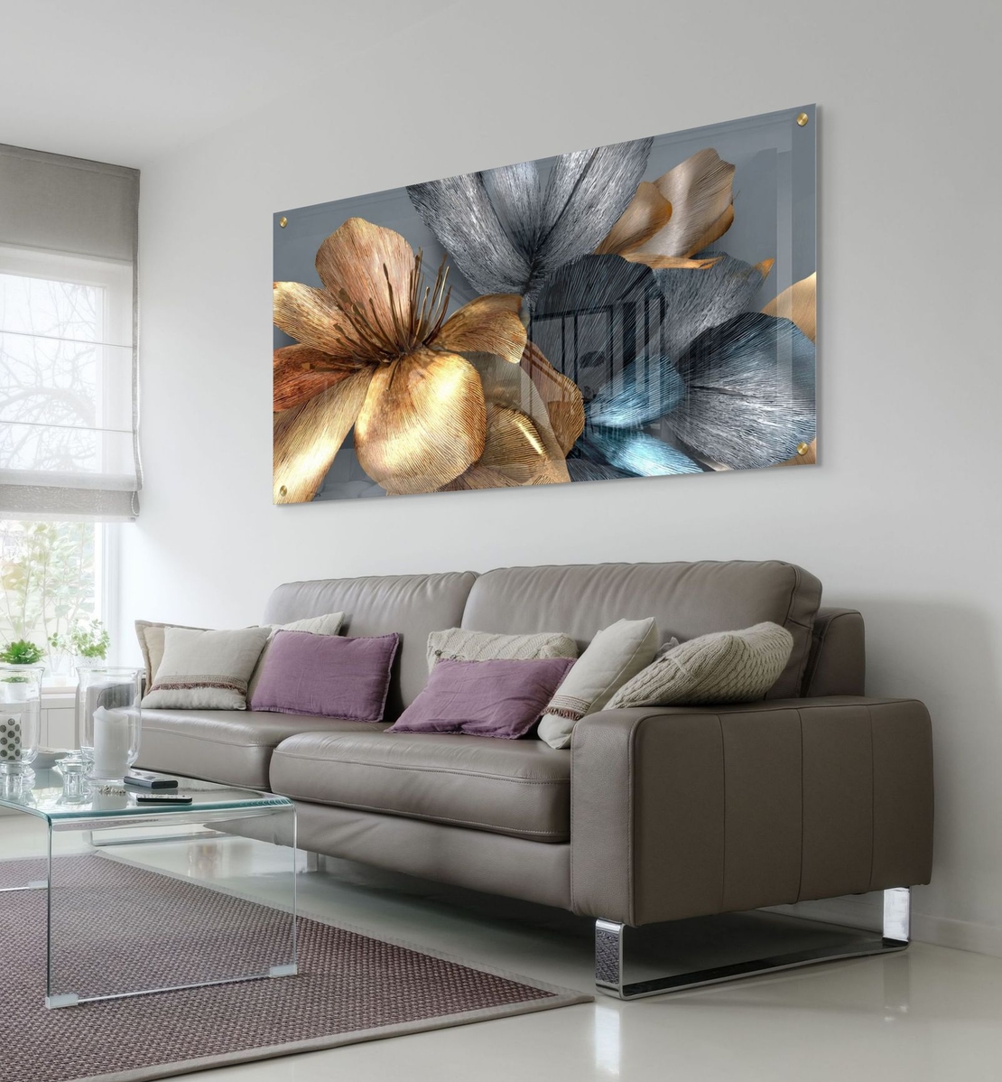 תמונת זכוכית רוחבית עם פרחים מטאליים בגווני זהב, נחושת וכסף – תכשיט לבית