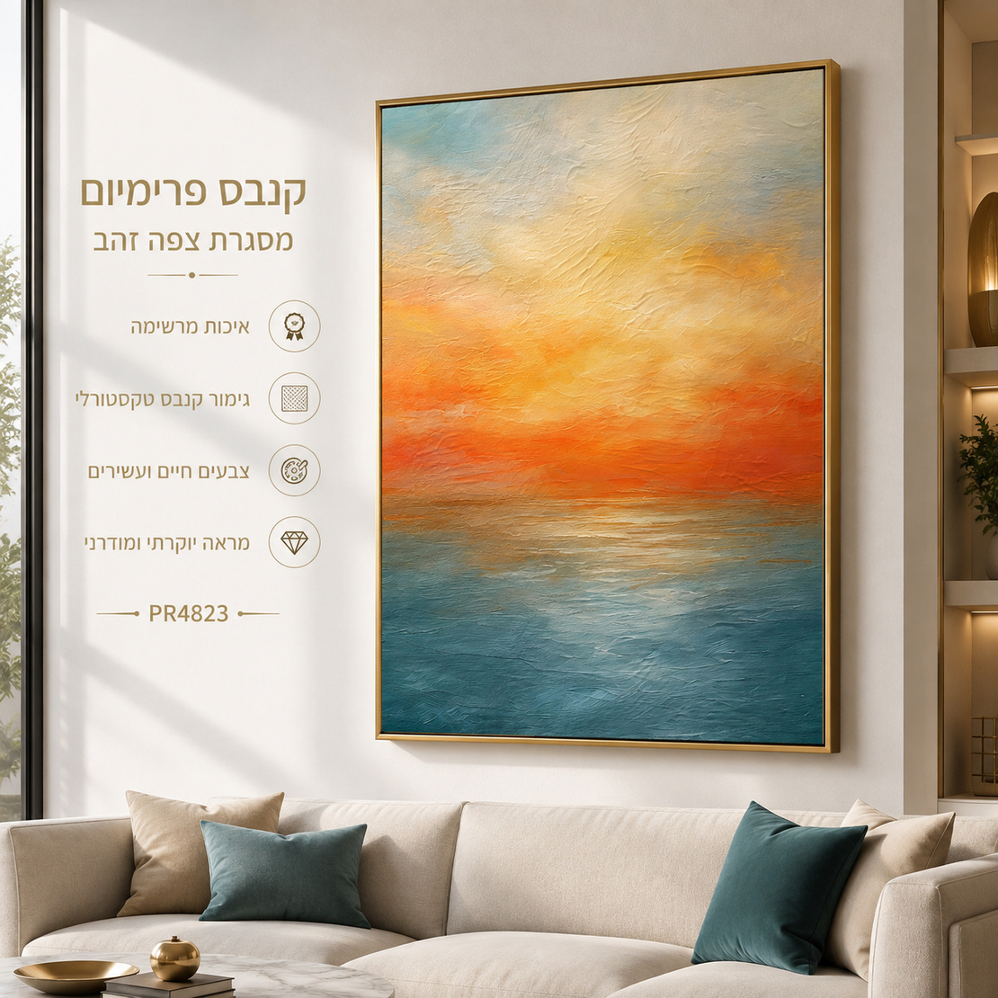קנבס פרימיום Art Touch | שקיעה אבסטרקטית בכתום וטורקיז | דגם PR4823