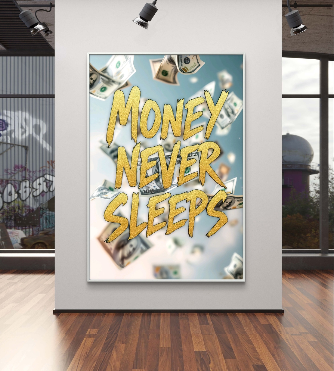 תמונת קנבס עם הכיתוב 'MONEY NEVER SLEEPS' באותיות זהב ושטרות כסף מרחפים ברקע, בעיצוב מודרני ומעורר השראה.