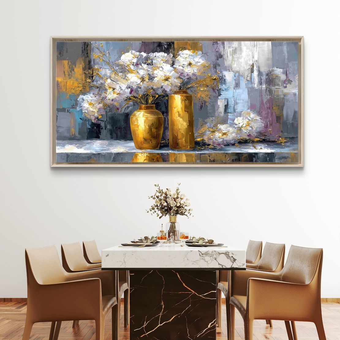 תמונת קנבס Golden Bloom – אגרטלי זהב עם פרחים לבנים על רקע מופשט יוקרתי
