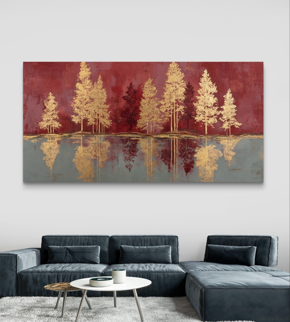 יער הזהב האדום – תמונת קנבס עצי זהב על רקע בורדו | CY4511