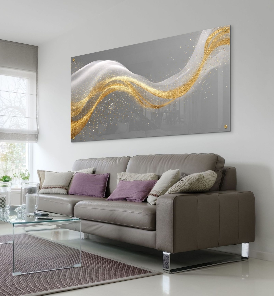 תמונת זכוכית לרוחב עם גל אבסטרקטי בגווני אפור וזהב בעיצוב יוקרתי