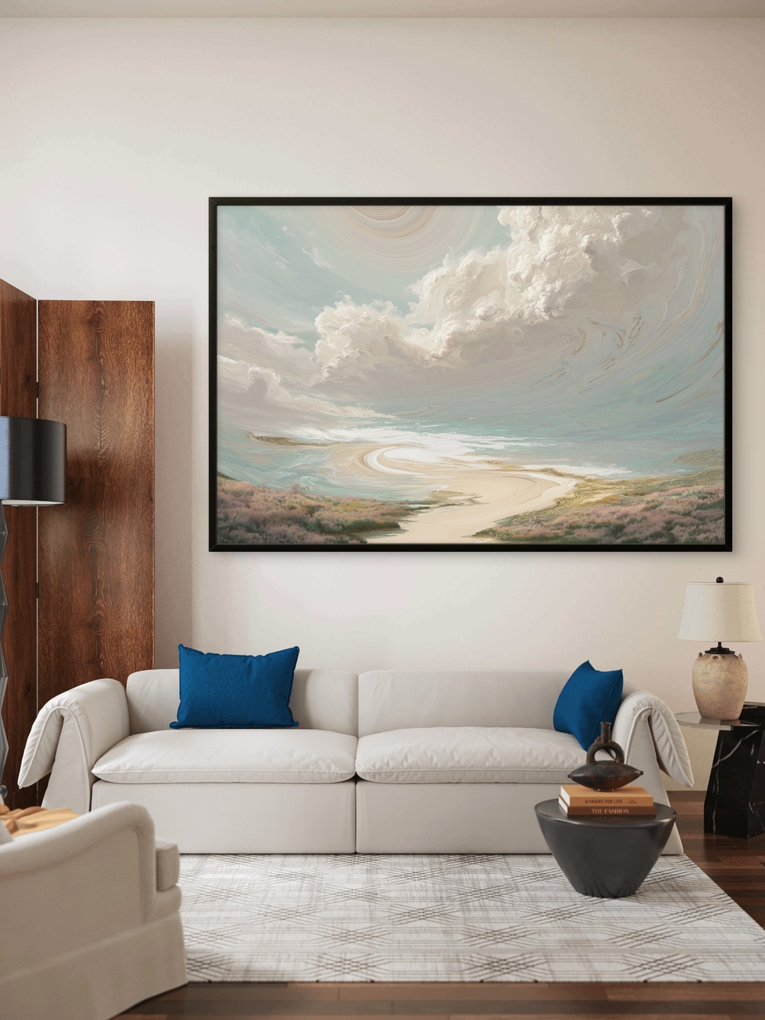 תמונת קנבס של חוף טבעי עם שמיים בתכלת-קרם ועננים מסתחררים – NEXTGEN BY BAR