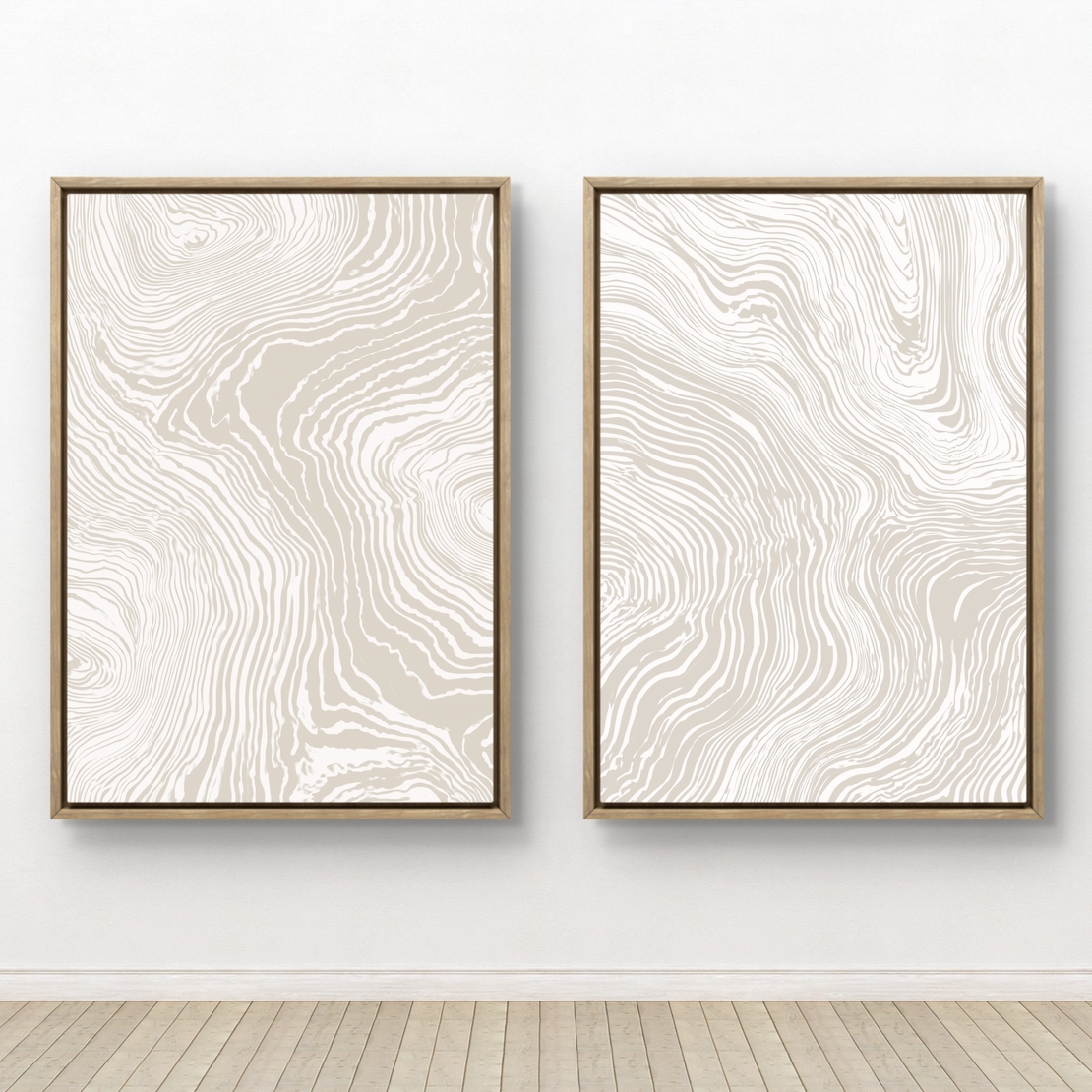 זוג תמונות קנבס עם קווים זורמים בגווני בז ושמנת