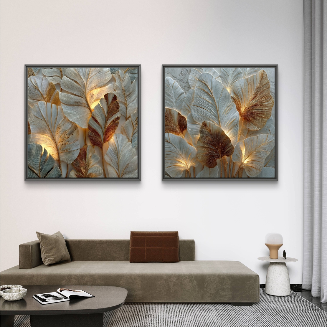 זוג תמונות קנבס עלים זוהרים בגווני פנינה, זהב ושמפניה – דגם SB6302