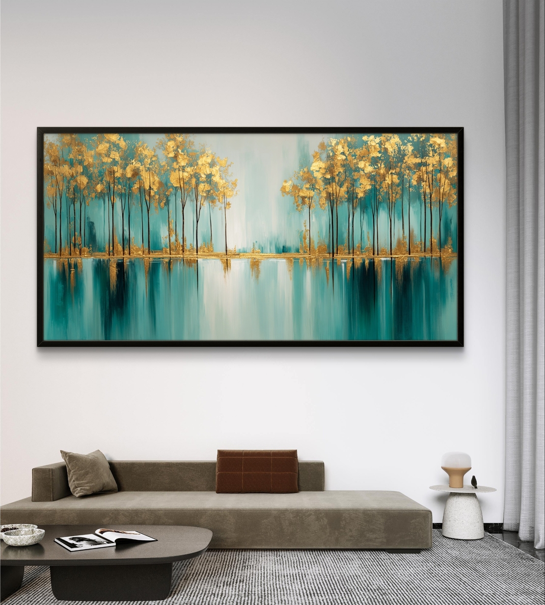 אגם זהב – תמונת קנבס עצים מוזהבים מעל השתקפות טורקיז רגועה | CK7122