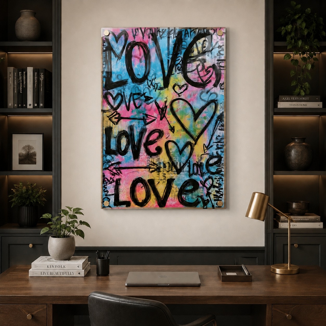 Love Street – תמונת זכוכית גרפיטי צבעונית עם לבבות לסלון | MG3073