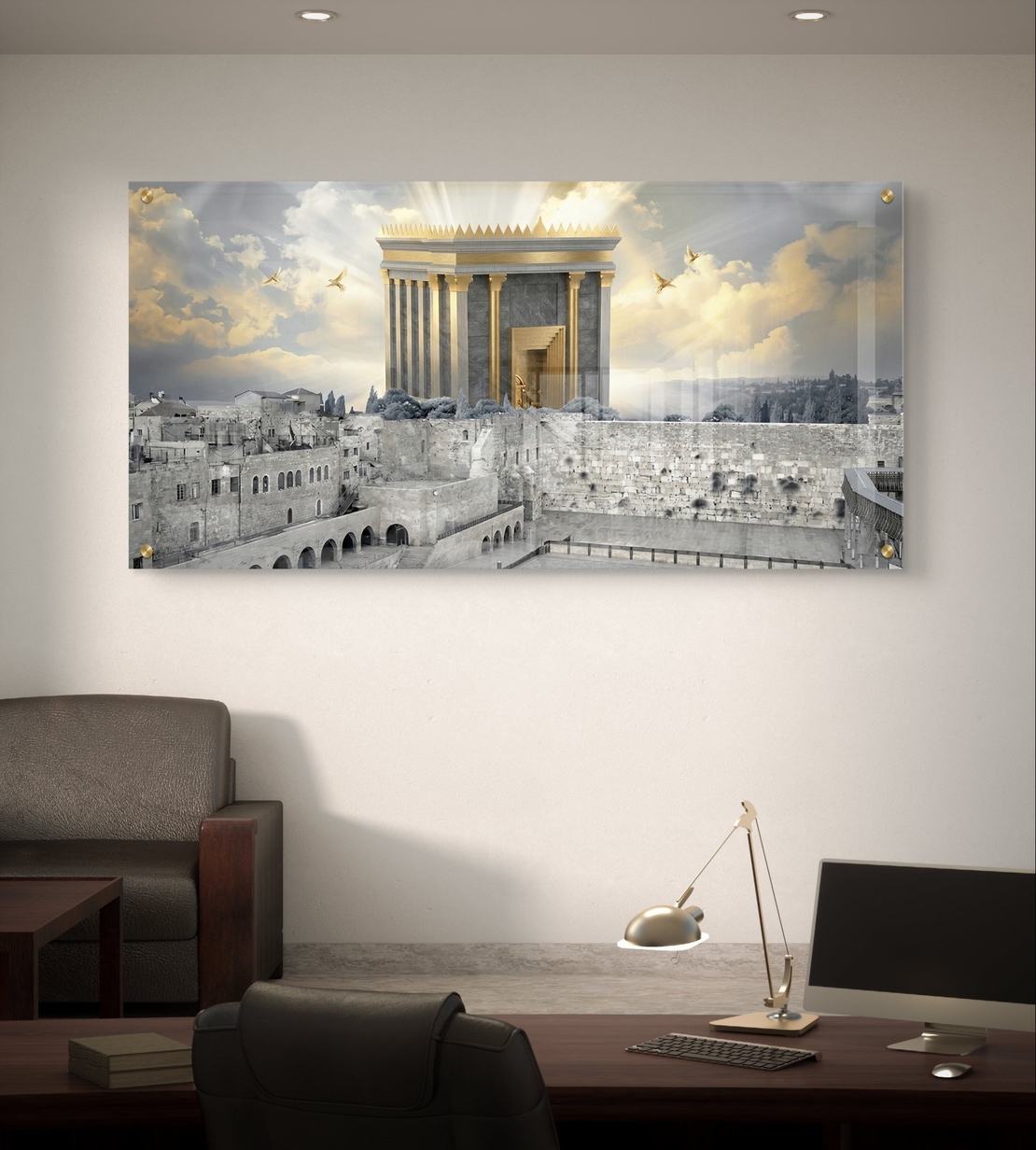 תמונת זכוכית קדושה של בית המקדש בירושלים עם אור שמימי ויונים בהדפסה חלקה