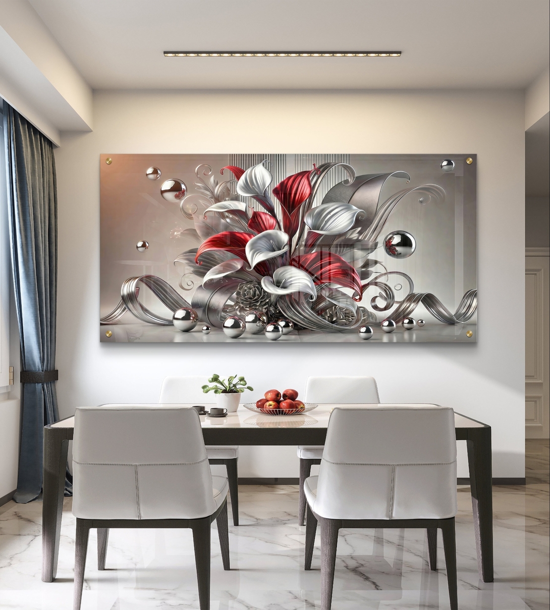 ליליות כרום ארגמן – תמונת זכוכית יוקרתית עם פרחים אדומים־לבנים ואלמנטים כסופים | PN2502