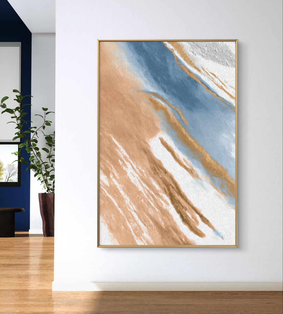תמונת קנבס מופשטת בגווני חום, כחול ולבן בהדפסה חלקה וללא תבליט – תכשיט לבית