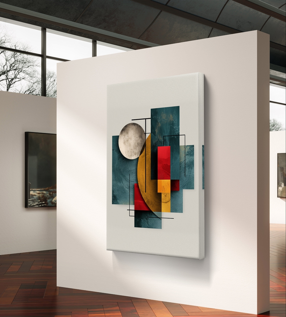 אמנות קנבס מודרנית עם עיגול ומלבנים בקומפוזיציה מאוזנת