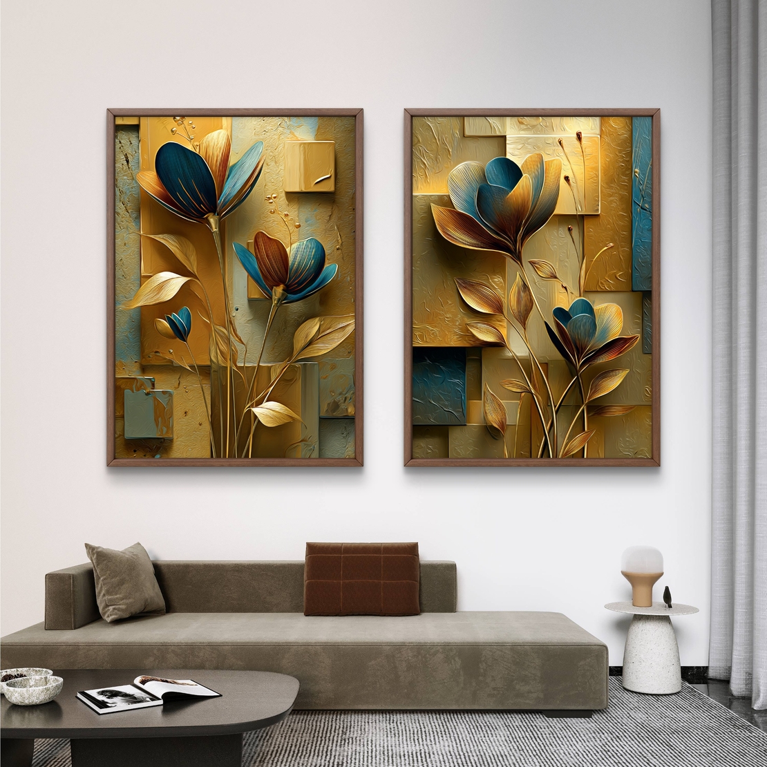 זוג תמונות קנבס פרחוניות בגווני זהב וכחול – דגם DA2223