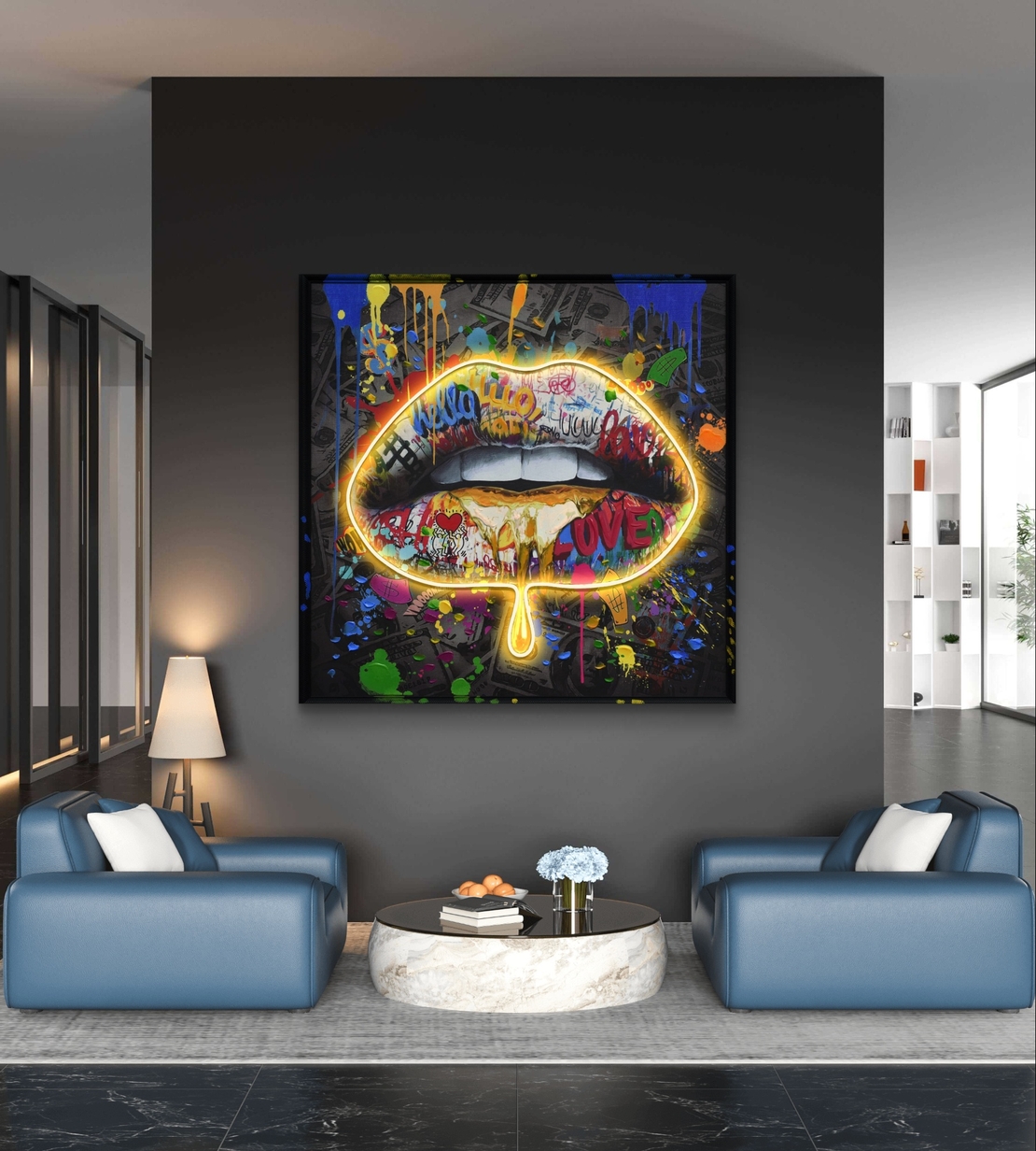 תמונת LED שפתיים גרפיטי עם זהב נוזלי – מופעלת על סוללות וכוללת שלט רחוק דגם LED1013 -מידה 83*83 ס