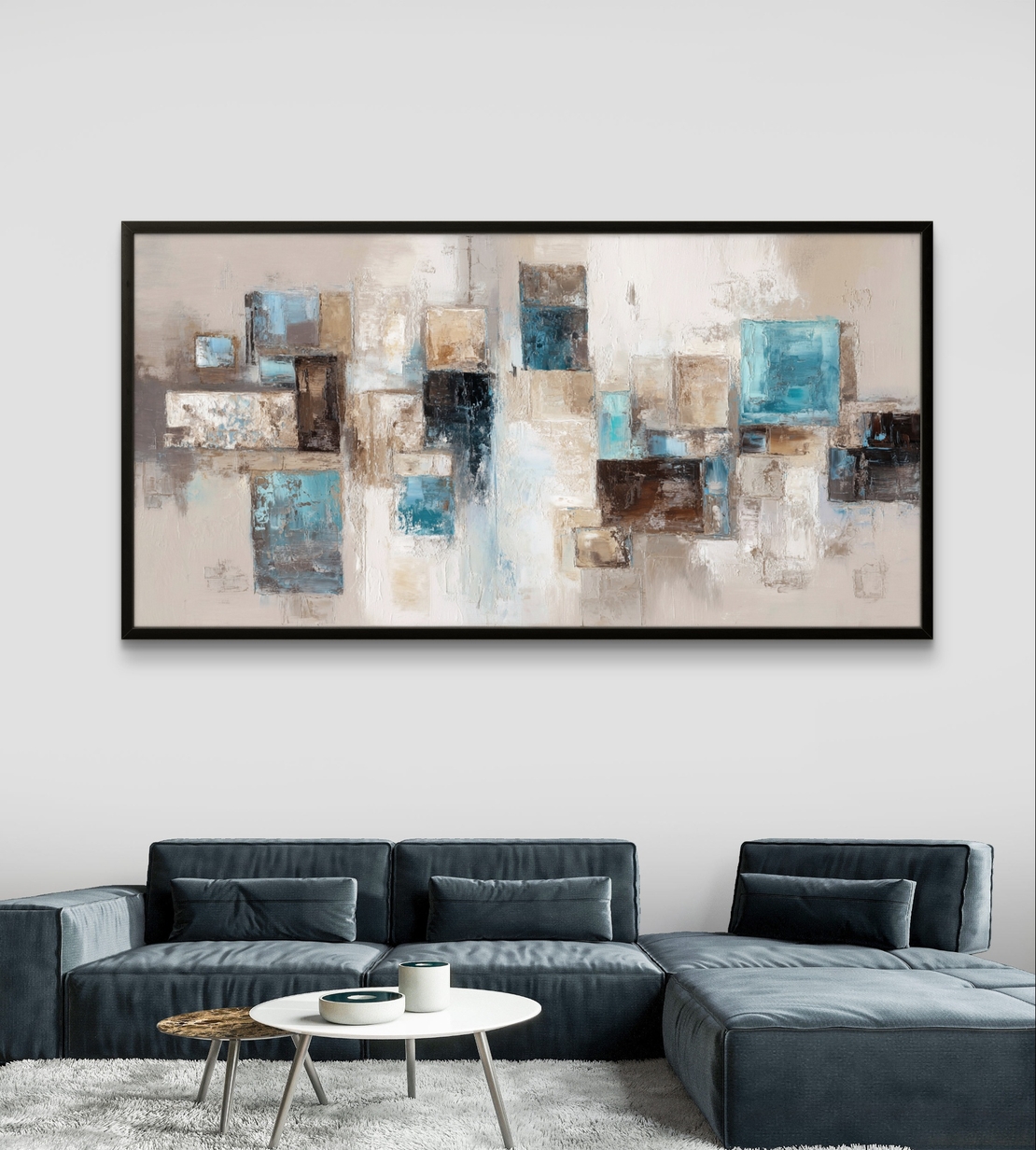 תמונת קנבס לרוחב בעיצוב אבסטרקטי עם צורות גאומטריות בגווני תכלת, בז’ ושמנת