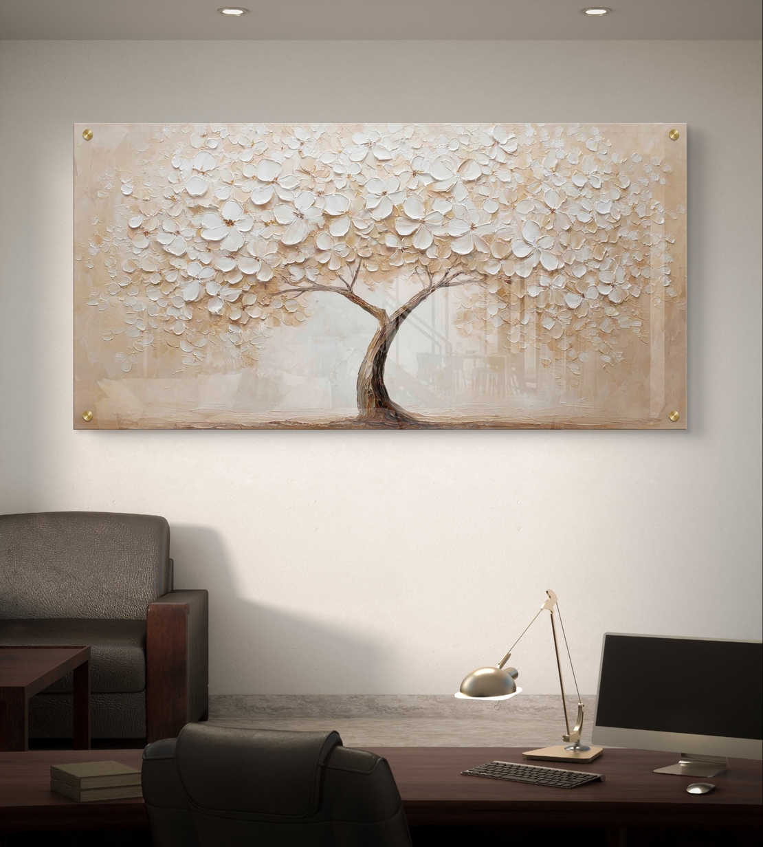 עץ פריחה לבנה על זכוכית – תמונת זכוכית יוקרתית בגווני שמנת, פנינה ובז׳ | GX4171