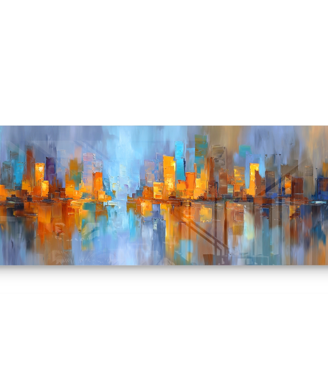 תמונת זכוכית פנורמית אבסטרקטית עם קו־רקיע עירוני והשתקפות במים בגווני כחול וזהב בעיצוב מודרני ויוקרתי
